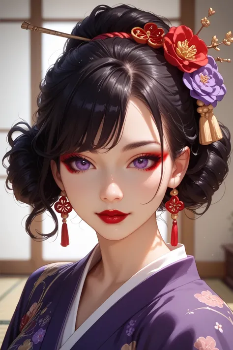 A very sexy asian woman, big purple eyes, 32 years old, curly black hair, red makeup, red lipstick, Japanese traditional high hairdo,, wearing a sexy silk violet kimono, no background, picture in anime style