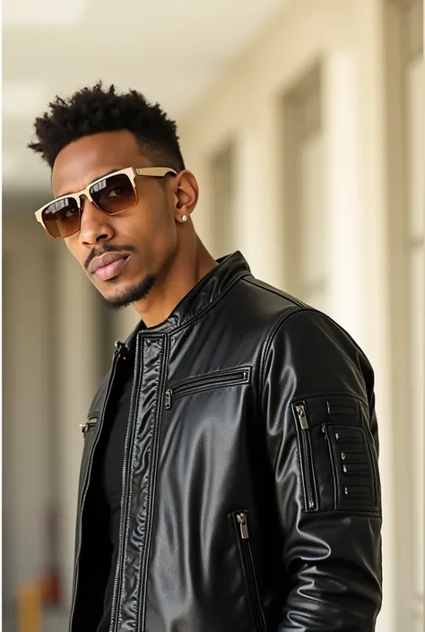 A young adult man of African descent is the central subject. He is positioned slightly to the left of the image's center. He is wearing a black leather jacket, which has multiple pockets and stitching details.  He is wearing brown-tinted sunglasses with li...