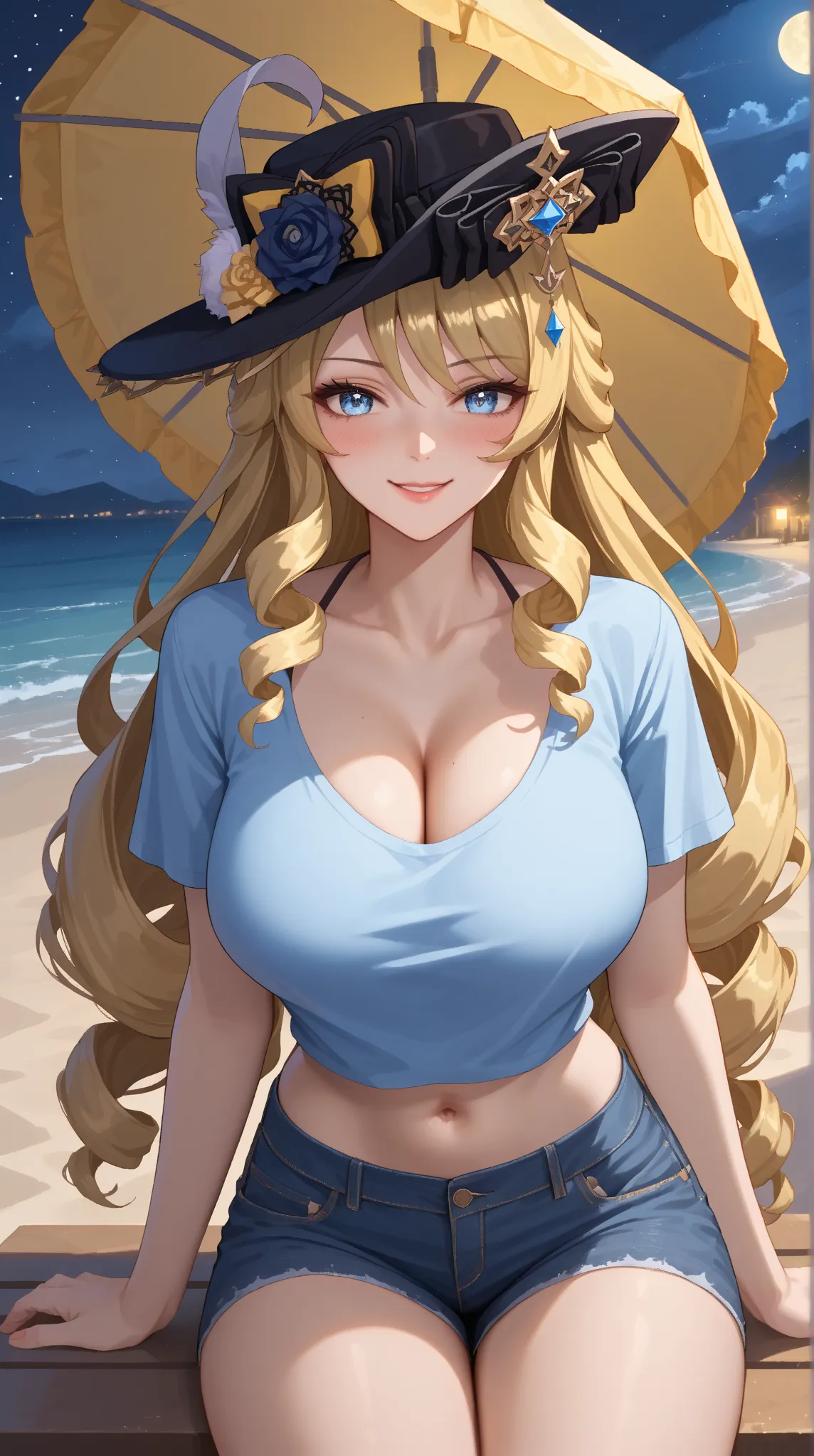 (((cowboy shot, cinematic lighting, midnight, night, dark))), ((naviadef,  blonde hair, blue eyes, long hair, drill hair, black headwear)), (t-shirt, navel, short jeans, beach), 1girl, huge breasts, huge butt, thick thighs, sensual woman, mature female, bl...