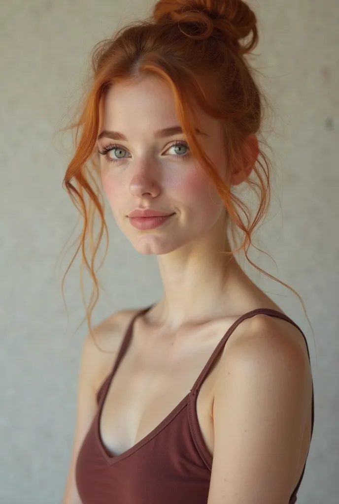 A girl of about 19 years old with wavy reddish brown hair but tied in a bun with well-fitting tights