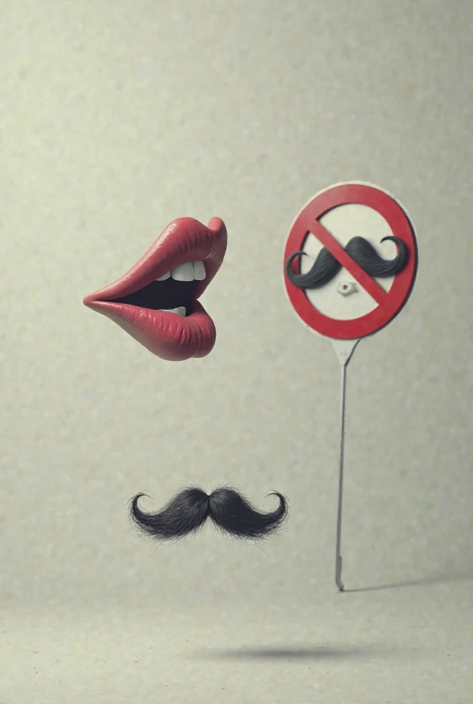 Lips are blowing the wind on the mustache, a prohibiting sign without a face