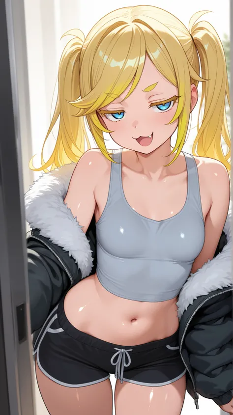 Masterpiece, detailed, high resolution illustration, 1 girl, Small breasts, blonde hair, blonde eyelashes, blonde eyebrows, mesugaki, twintails, swept bangs, blue eyes, fur trimmed puffer jacket, tanktop, shorts, thick thights, shiny skin, green highlighte...