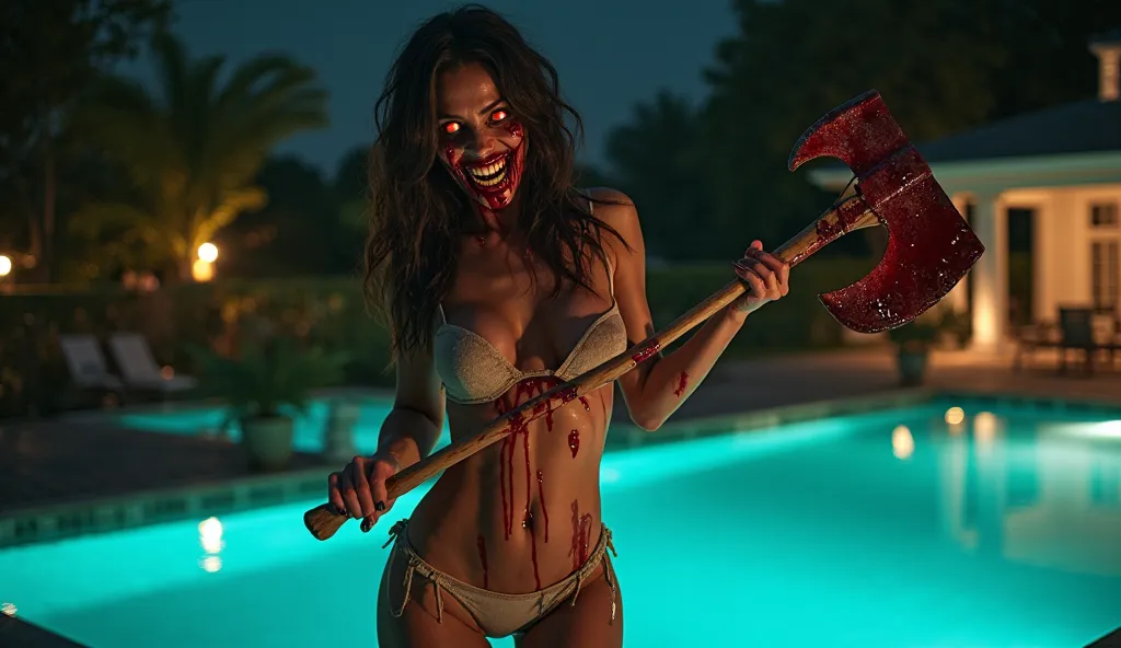 "Full-body shot: A stunning woman stands near a luxurious swimming pool at night, wearing a revealing, sexy swimsuit that highlights her toned body and large, firm boobs. However, her face is twisted into a horrifying, monstrous grin, resembling a terrifyi...