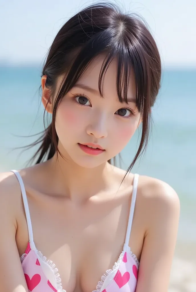  Japanese、Beautiful Girl、Young lady、cute、 idol、 elementary school student、、Transparency、 pure 、Realistic girl face、 big smile、Baby Face、Young face、 Body、beautiful eyes、Large pupil、big eyes、droopy eyes、Pink heart pattern that sticks out the chest, white, st...