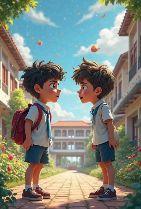 A white-skinned boy with wide green eyes named Yasser wearing a school uniform is angry and shouting at his friend . The scene in the spacious school yard is a fantasy cartoon