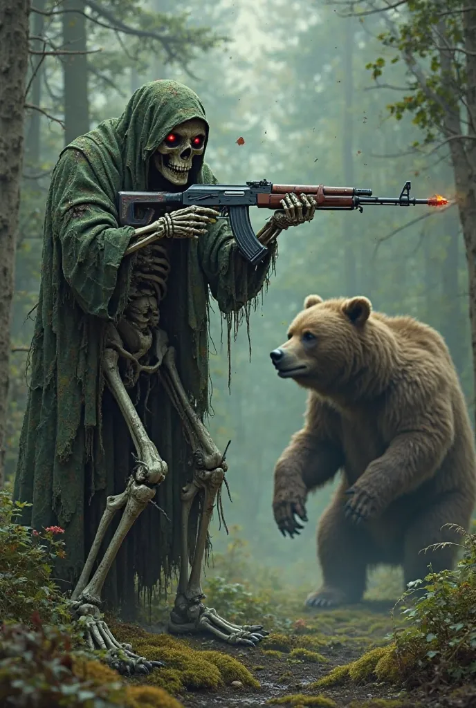 Green skeleton with an AK-47 shooting at a bear