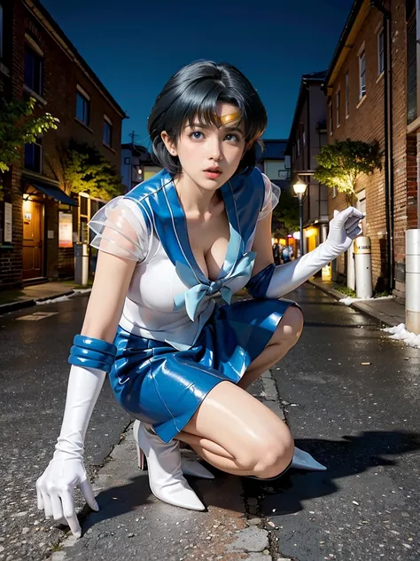 1 Japanese girl,バストアップ,woman fighting  monster,Long Hair, (high quality,8k,Black Hair, Realistic, high quality,masterpiece,Very detailed, Confused)1.5,((Summer 1, tiara, Sailor Warriors,bob cut, White gloves, blue Sailor Collar, blue Skirt)),in city of nig...