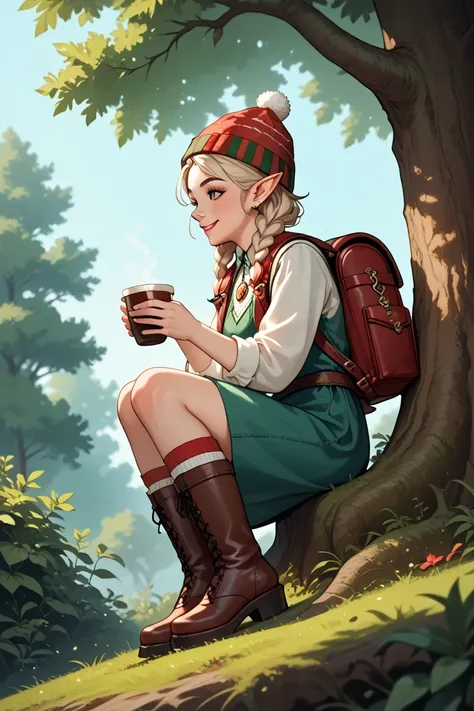 An incredibly cute elf girl is sitting in a tree with a cup of cocoa and smiling. Her beautiful hair is braided in two braids. He wears a red pointed hat with a brim. She has a cute leather backpack on her shoulders. She wears striped knee socks and brown ...