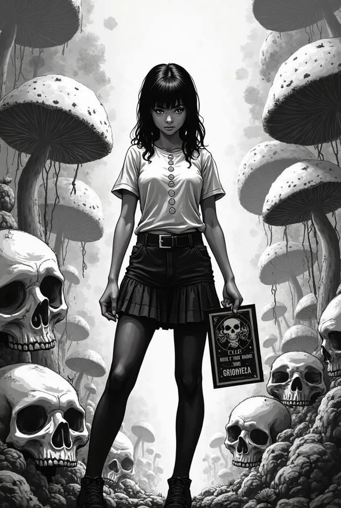  ((black and white)) With his shoulders and legs open,, Manga Girl, near the skulls and Mukhamorv. holds a poster that says "The Griboyeda Society" 