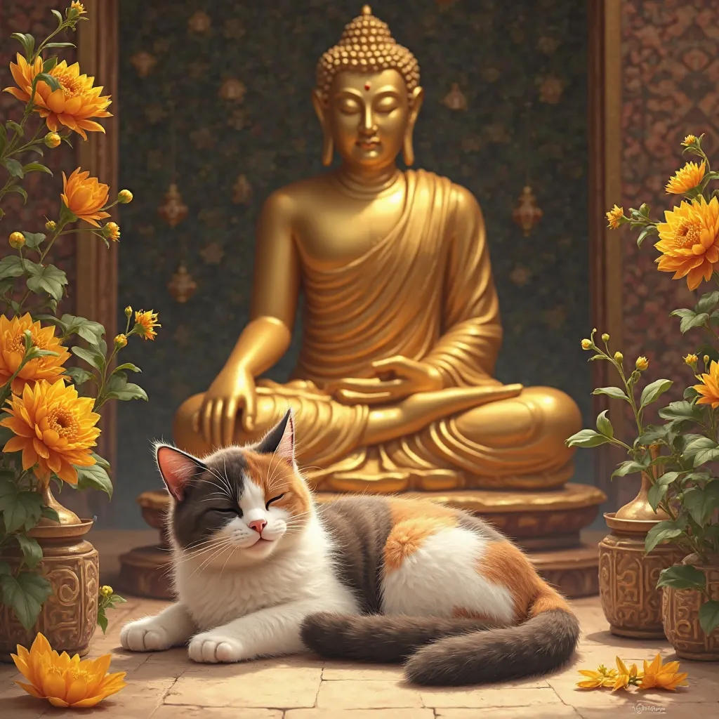 A cute tricolor cat lying peacefully in front of a golden Buddha shrine, surrounded by fresh yellow flowers and traditional offerings, with a peaceful and sacred atmosphere."