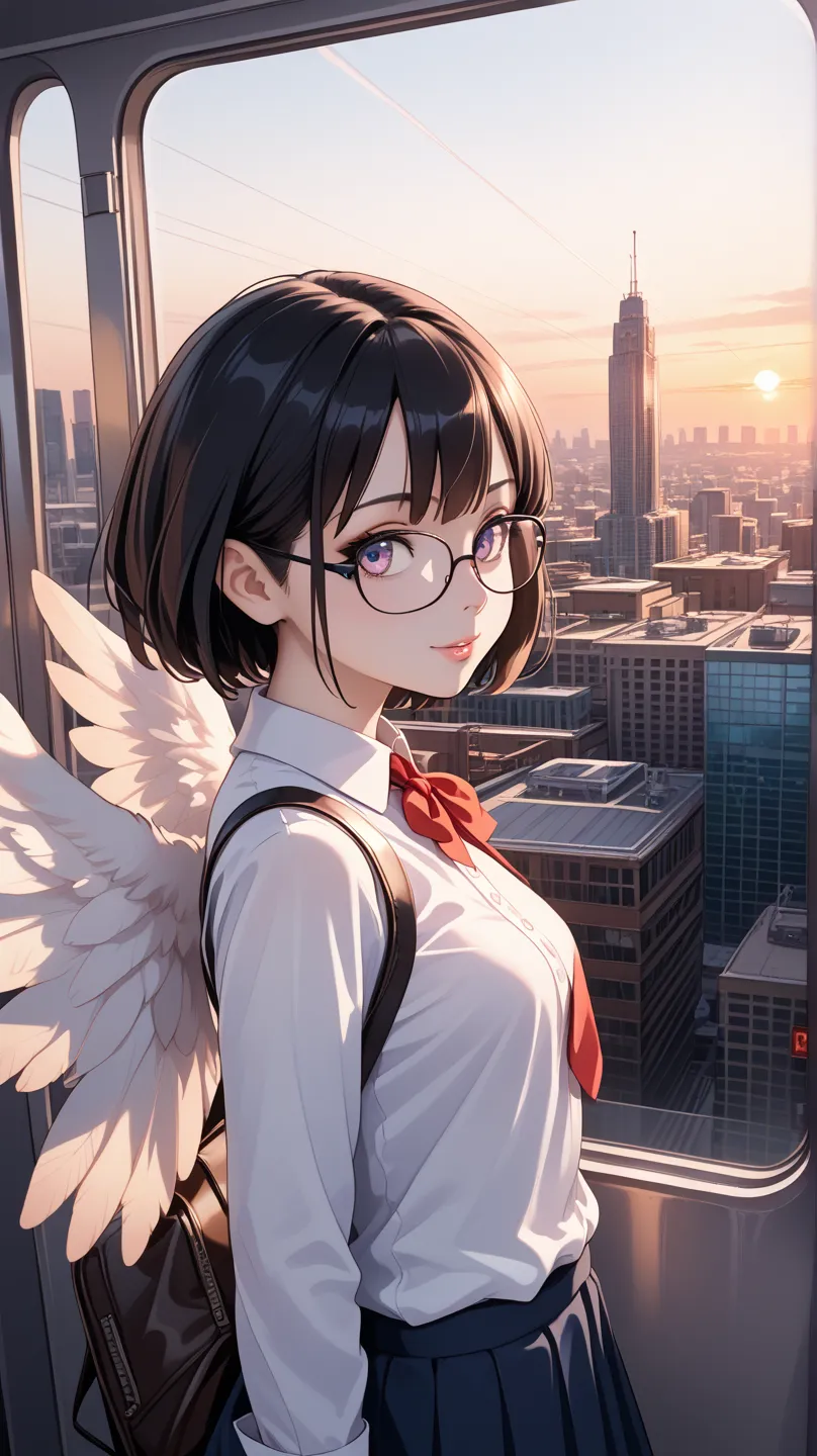 Black hair, glasses, angel, angel getting off at a station in the city