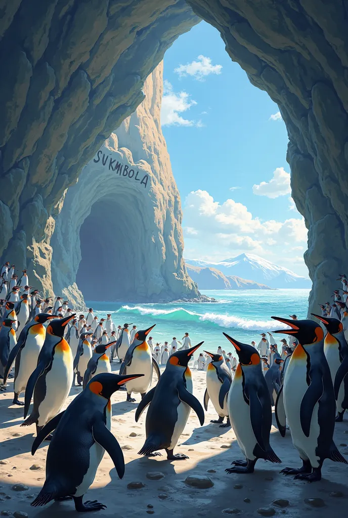 group of penguins partying in the deoan of a cave with the inscription SUKMABOLA