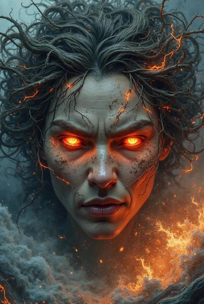 Create a close-up of Mother Nature's face, radiating intense fury. Her features are both human and elemental, with fiery eyes glowing red and orange, as if storming with volcanic energy. Her hair is wild, composed of dark swirling clouds, tangled roots, an...