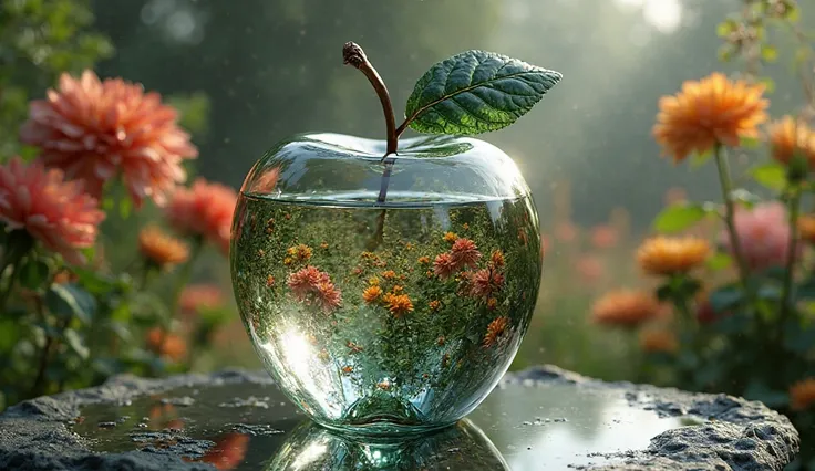 lovely double exposure image by blending together a flowery garden and a glass apple. The garden should serve as the underlying backdrop, with its details subtly incorporated into the glossy glass apple, sharp focus, double exposure, glossy glass apple, (t...