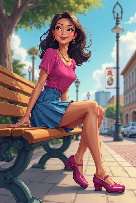 Tip: A very lovely  beautiful Asian American woman being happy alone on a bench in Downtown San Diego in the sun..The illustration is a high definition illustration with 4k resolution., with highly detailed facial features and cartoon style visuals, fuchsi...