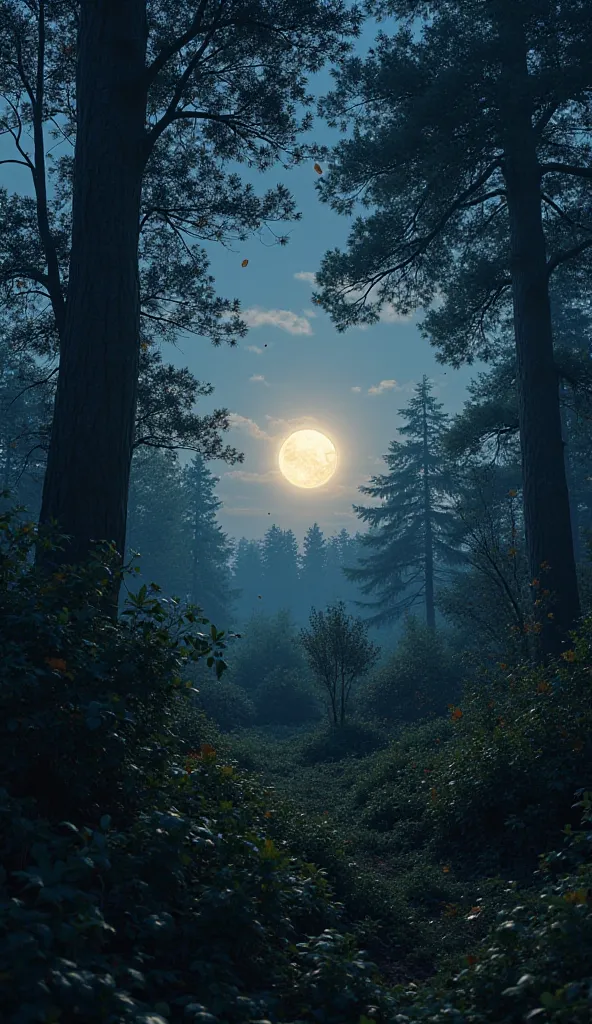 "A highly detailed and photorealistic nighttime scene with sharp depth and a cinematic feel. The background is rich in natural elements, featuring a glowing moon rising behind dense bushes. The moonlight filters through the trees, casting soft shadows on t...