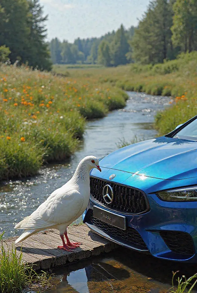 A picturesque riverside landscape unfolds, with a clear, shimmering stream flowing gently through grassy meadows filled with colorful wildflowers. A blue car is parked on a small wooden bridge, its polished surface reflecting the sky. In the foreground, a ...