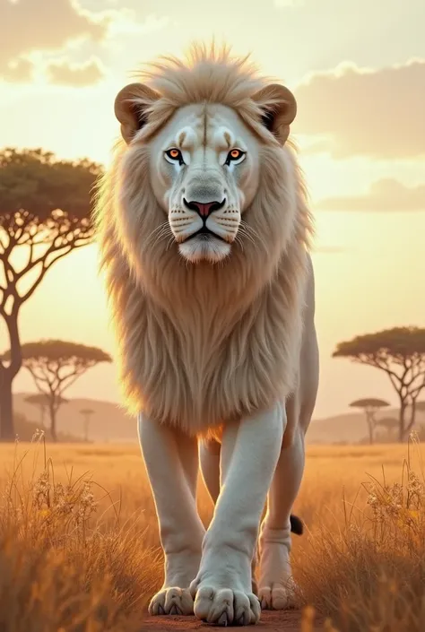 a real looking white lion is in the savanna 