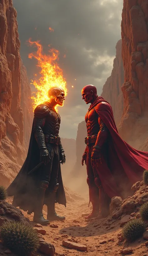 create an image of GhostRider and red skull ware both are looking at each other background dangerous aperiance of red desert mountain and cactus plant 