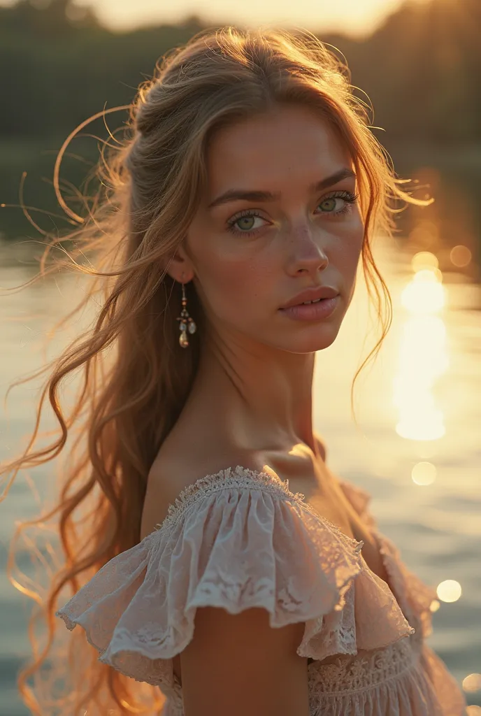 A girl on a serene lake, delicate facial features, long eyelashes, beautiful detailed eyes and lips, elegant dress flowing in the wind, gracefully posed, golden hour lighting, vibrant colors, photorealistic, 8k, hyper-detailed, cinematic composition, drama...