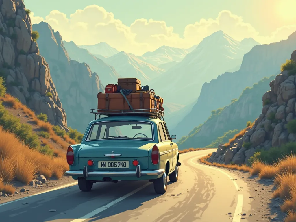 An old car from the 70s is driving loaded with suitcases and bags (on top of the roof) along a serpentine road towards the mountains. Dim sunlight.
Features: Vector style, harmonious combination of colors, slightly cartoonish style (10-20%), modern style, ...