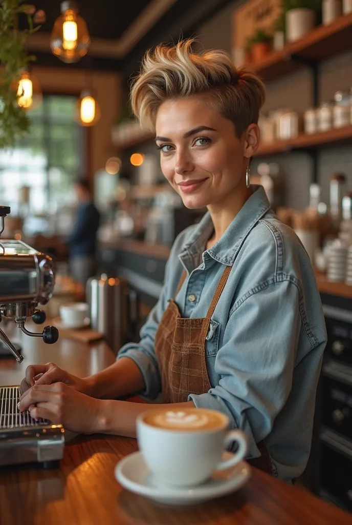 Give me an female owner of coffee shop doing her coffee on her own shop, her hair is wolfcut 
