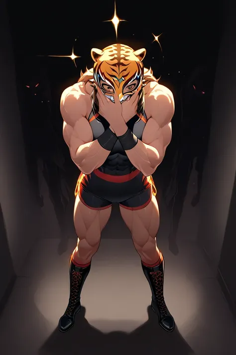 Female professional wrestler, female version of Tiger Mask, masked and hiding face with hands, by shadow man