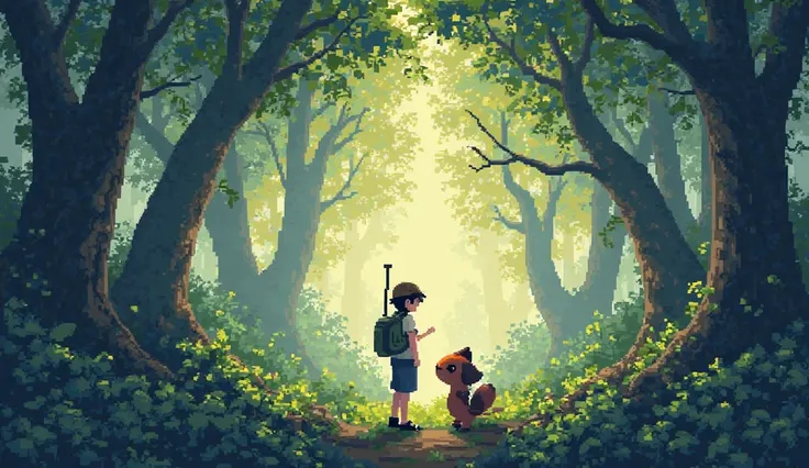 Pokemon pixel art in a deep forest with a human with little sunlight coming through the trees