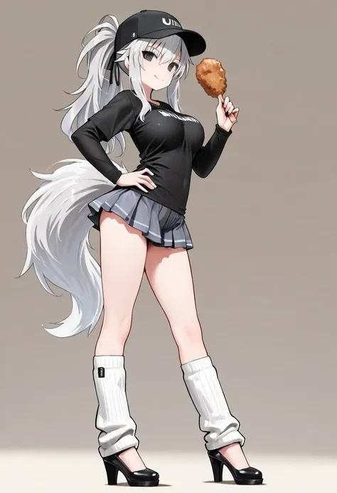 (best quality, masterpiece, ultra highres, ultra-detailed:1.2) ,source_anime,The girl who handed me the fried chicken lunch-box., (wearing baseball cap,Black button layered long sleeve tee, pleated mini skirt pants, leg warmers, pumps,y2k style),(Illustrat...