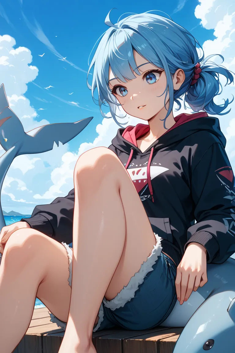 blue hair long、woman、Shark tail 、 gal、shorts when sitting、 hoodie、cool、 look down