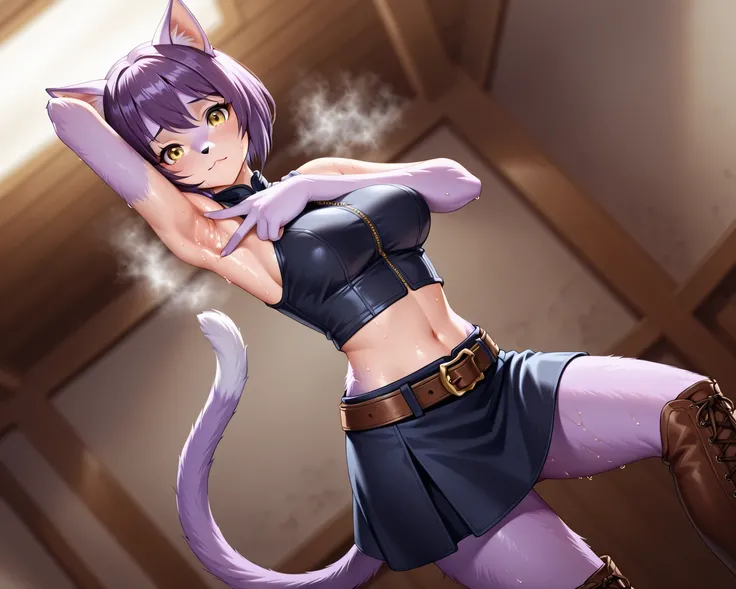 masterpiece, best quality, official art, detailed, realistic, game cg, nsfw, 4K, 8K, detailed beautiful face and eyes, ultra-detailed, beautiful detailed eyes, very aesthetic, zzMyarey, 1girl, solo, furry female, yellow eyes, short hair, cat ears, skirt, p...