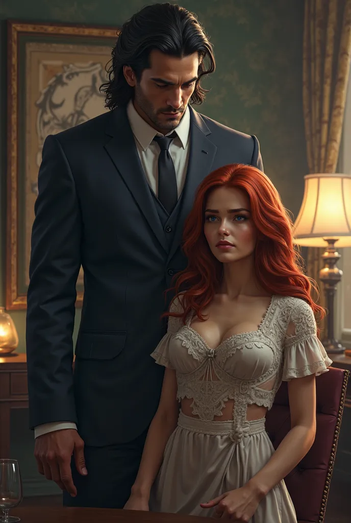 Young mobster with long black hair, Handsome blue eyes intimidating a sweet red-haired woman in her office 