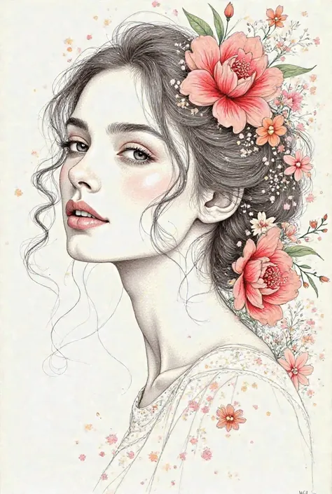 Je veux créer un dessin de portrait d'une femme en traits fin avec des fleurs