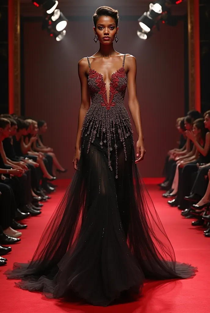 Miss catwalking on the big stage ( dark black and red mix evening gown, cloth energy diamond gown, brown skin , short hair, strong look)