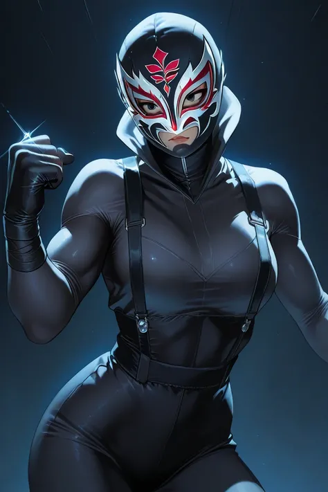 Female professional wrestler, female version of Tiger Mask, masked and hiding,by shadow man