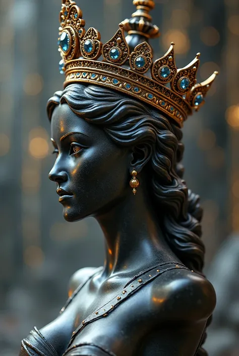 An elegant chess queen, made of dark wood or marble, portant une couronne royale ornée de bijoux. A 3D or graphic design with precise details, without background (fond transparent).