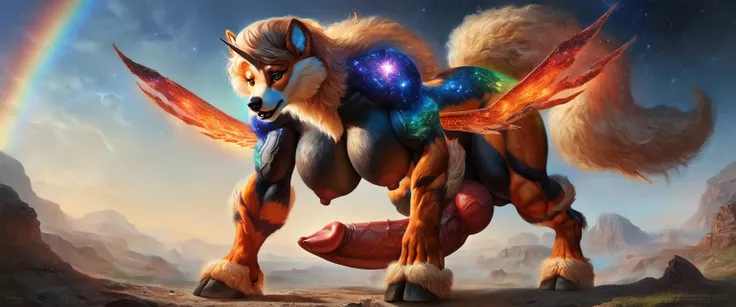 (4k, masterpiece,best quality,ultra-detailed,realistic:1.37), (solo), (A furry cosmic goddess), (arcanine), (unicorn horns), (forward facing horns), (hooves), (nude), (((walking on fours))), (detailed face), (detailed eyes), (detailed lips), (long eyelashe...