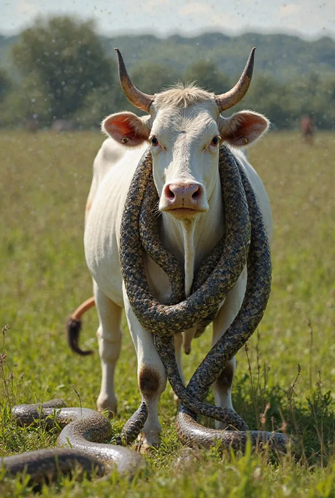 A large, pregnant white cow standing in a lush green meadow, looking distressed and surrounded by multiple large pythons. The snakes are wrapping around its legs, body, and neck, with their scales gleaming under the sun. The cow appears frightened, its eye...