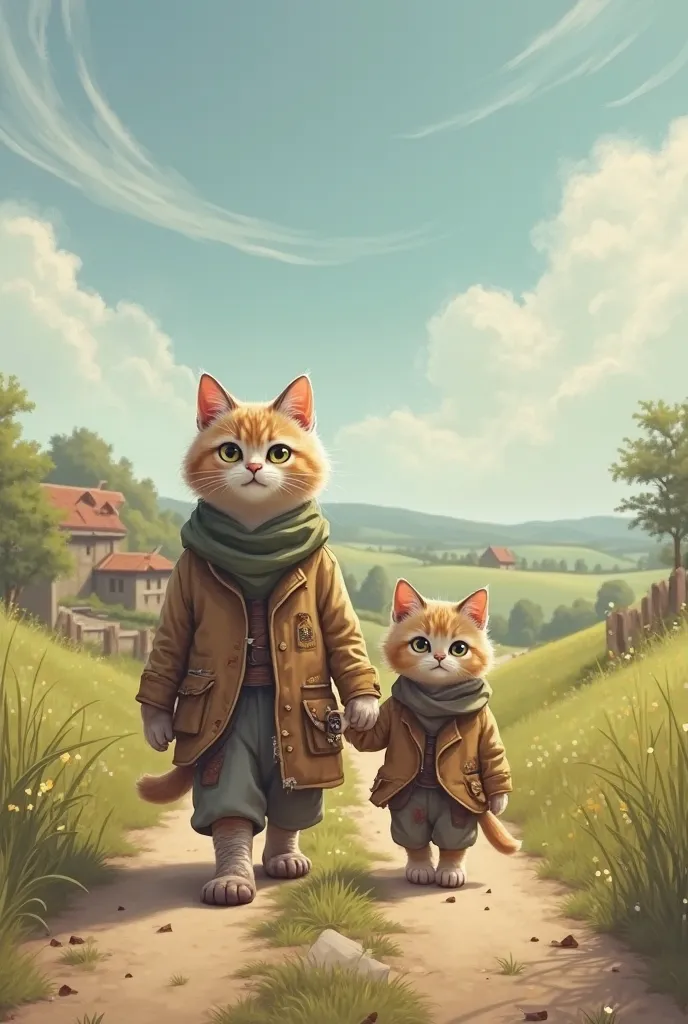 The kitten and his father are walking along the main road like humans are both wearing old clothes on 