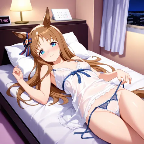 nsfw,masterpiece, 1 girl, lying on bed,hotelroom,,bedroom,love hotel,on the bed,bed, canopy bed,sheer curtains,（king-sized bed:1.5）,large mattress bed,wide bed,nightgown ,laclying,on backs, showing off panties,lace trimmed panties,side tie panties,blush,an...