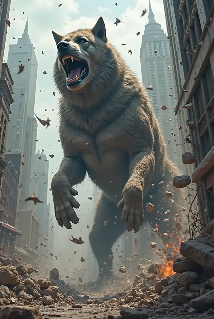 A huge dog kicking a building