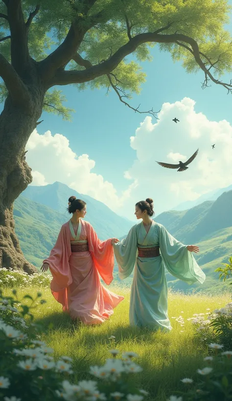 Japan during the Heian period.
Birds fly and demon and human ren play together in the fields.
Cinematic high-resolution, photorealistic live-action images