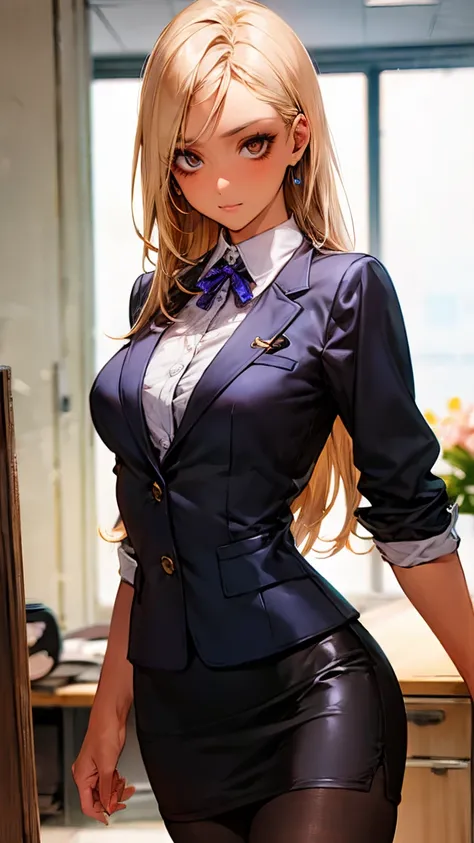 nsfw, masterpiece, best quality, 1 girl, solo, ager, large breasts, light brown eyes, dark skin:1.5,((Beautiful and exquisite face and eyes:1.2,Big beautiful eyes:1.3,)),(Blonde, Long Hair,(Center parted hair:1.4,) , office staff suit, jacket, pencil skirt...