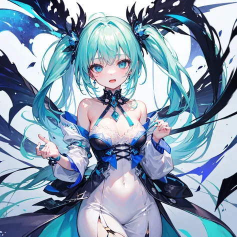 masterpiece, best quality, high quality, detailed, ultra detailed, hyper detailed, insanely detailed, exquisite, beautiful, Full-HD, 16K, highres, absurdres, short twintails, aqua hair, white hair, colored inner hair, blue eyes, rainbow gradient, girl, cut...