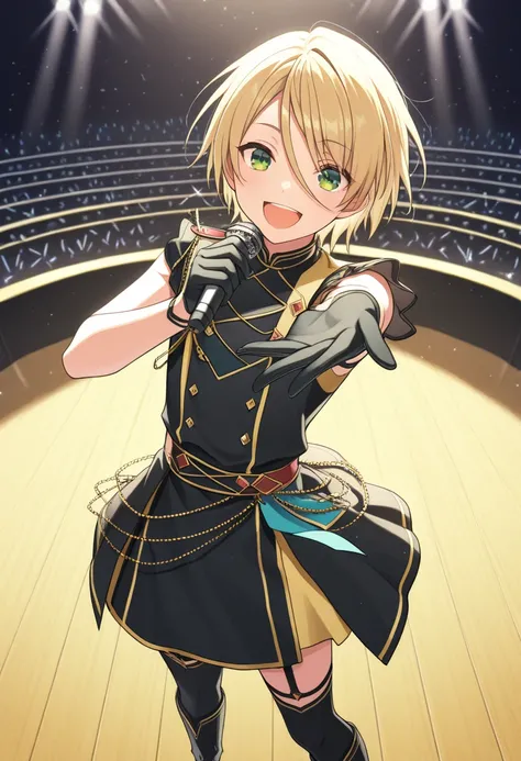 masterpiece, best quality, 
shiratori, 1boy, male focus, solo, blonde hair, hair between eyes, short hair, green eyes, black dress, idol, stage, smile, open mouth, singing, assymetrical gloves, stockings boots, thighhighs