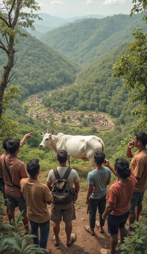 "A group of concerned villagers standing on the edge of a hill, looking down at the scene where the large pregnant white cow is surrounded by pythons. Some people are pointing toward the cow, others are urgently speaking on the phone, calling for help. The...