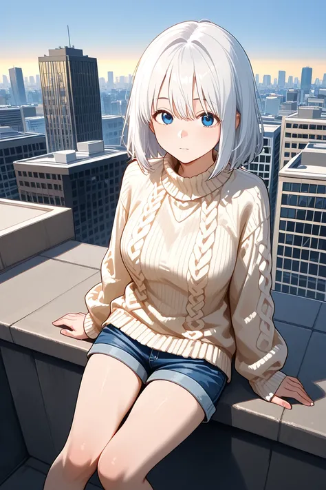 Generate a picture of a woman sitting on the edge of the building, she has long white hair with blue eyes, she's wearing a loose sweater with a pair of jeans