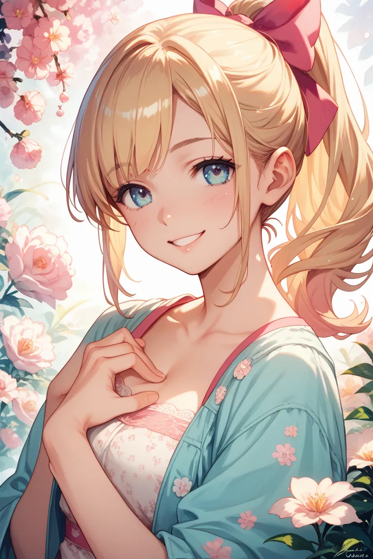 Christina, who has a blonde ponytail in anime style, puts her hand on her chest、is smiling