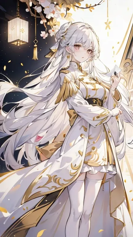 beautiful long white hair, stunning golden eyes, Beautifully designed white folding fan, Bailongjiao, elegant lighting, Pastel color scheme，White military uniform and gold trench coat， white stockings 