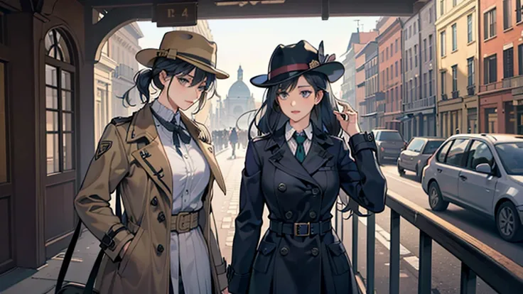 A mysterious incident unfolds in a city reminiscent of Italy. A lone female detective, dressed like a 1940s investigator in a trench coat and fedora, is depicted investigating the case from various angles.